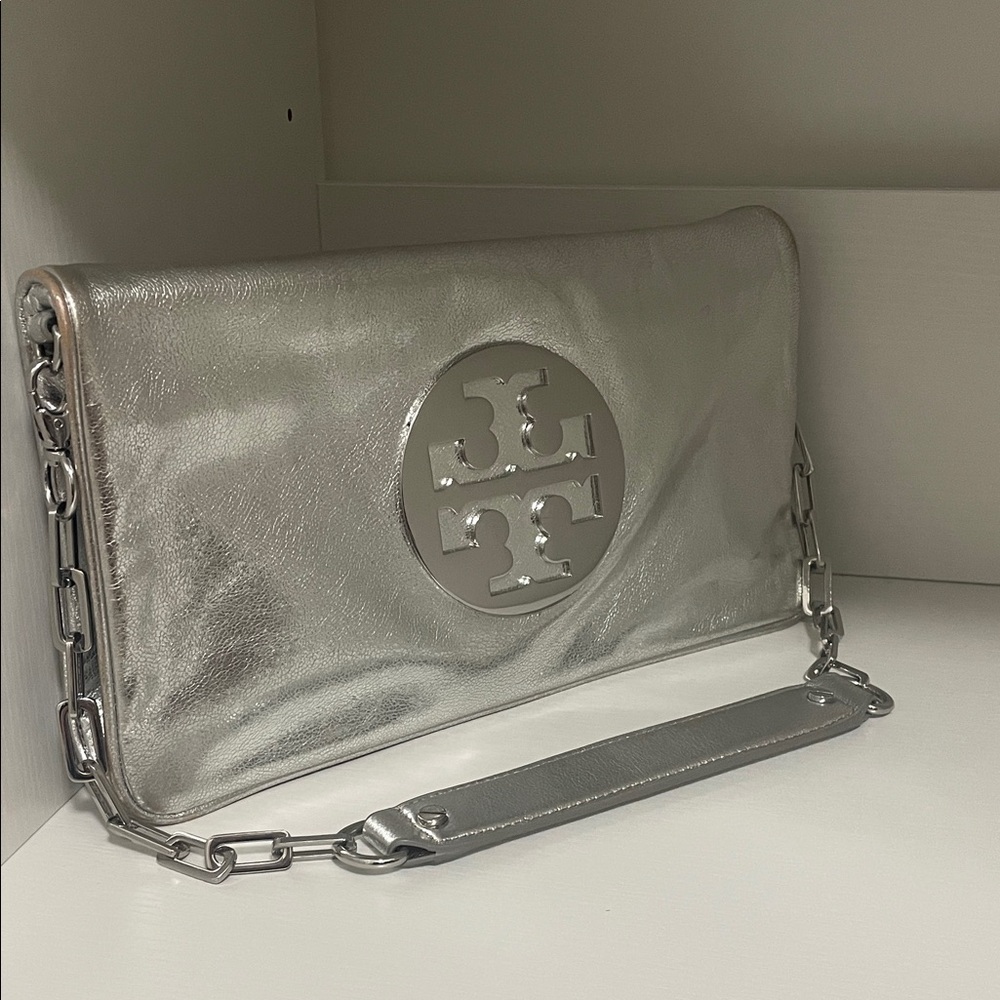 Tory Burch Metallic Reva Silver Clutch